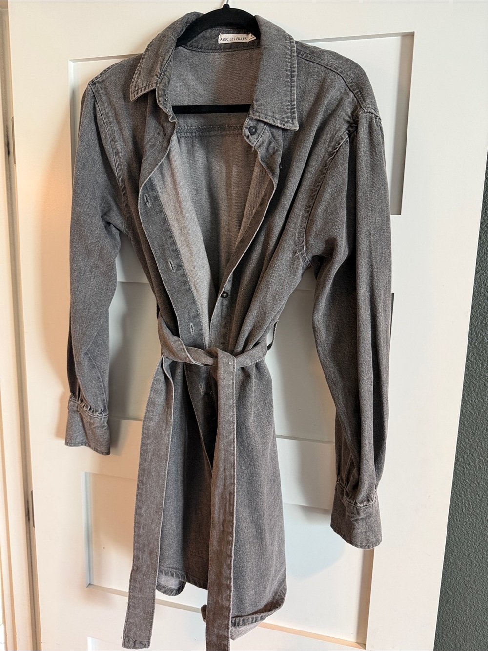 Avec Les Filles Washed Gray Denim Trench Coat with Waist Tie
